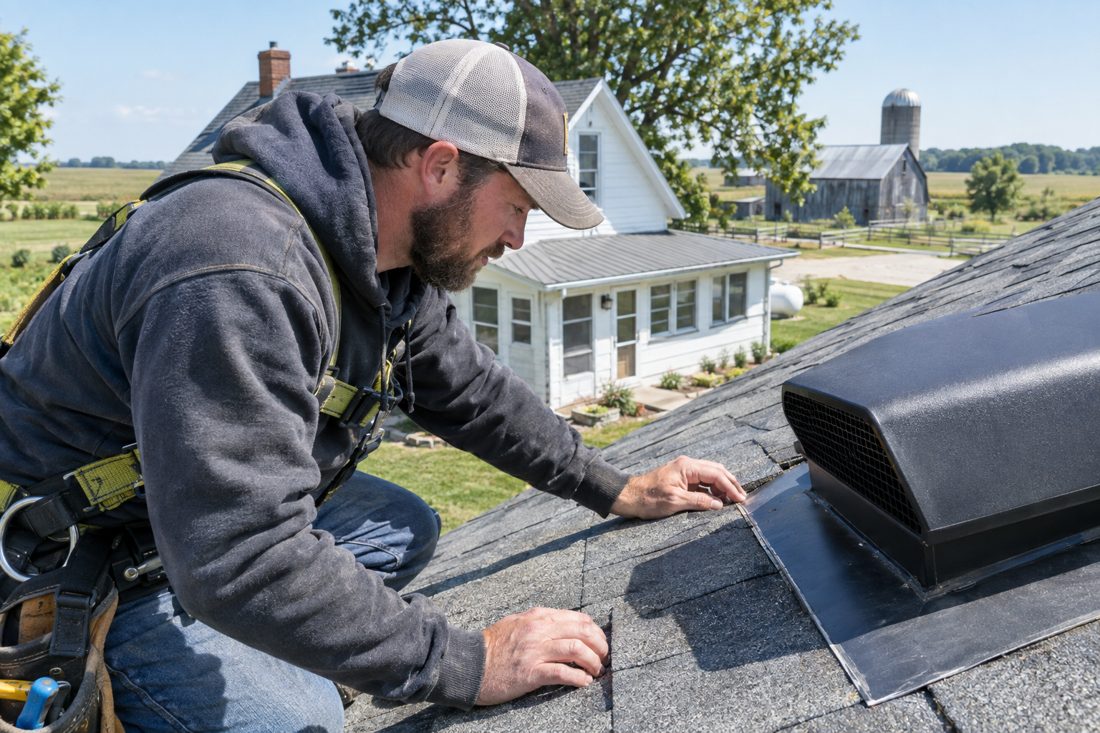 Close view of a roofer examining flashing beside a roof vent on a Coggon-area home in Coggon, IA