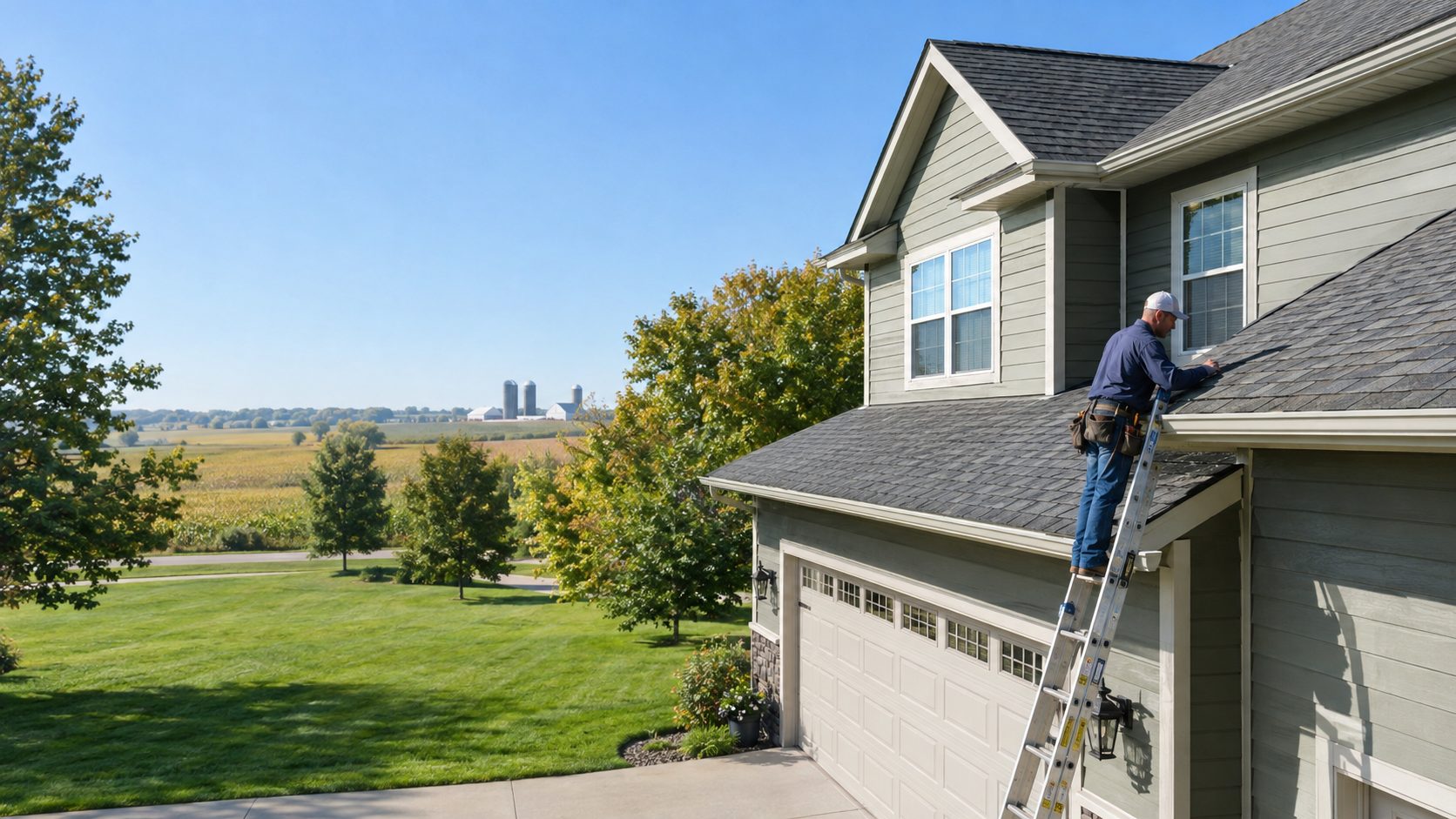 A roofing contractor inspects shingle edges from a ladder beside a Hiawatha suburban home on a clear day in Hiawatha, IA